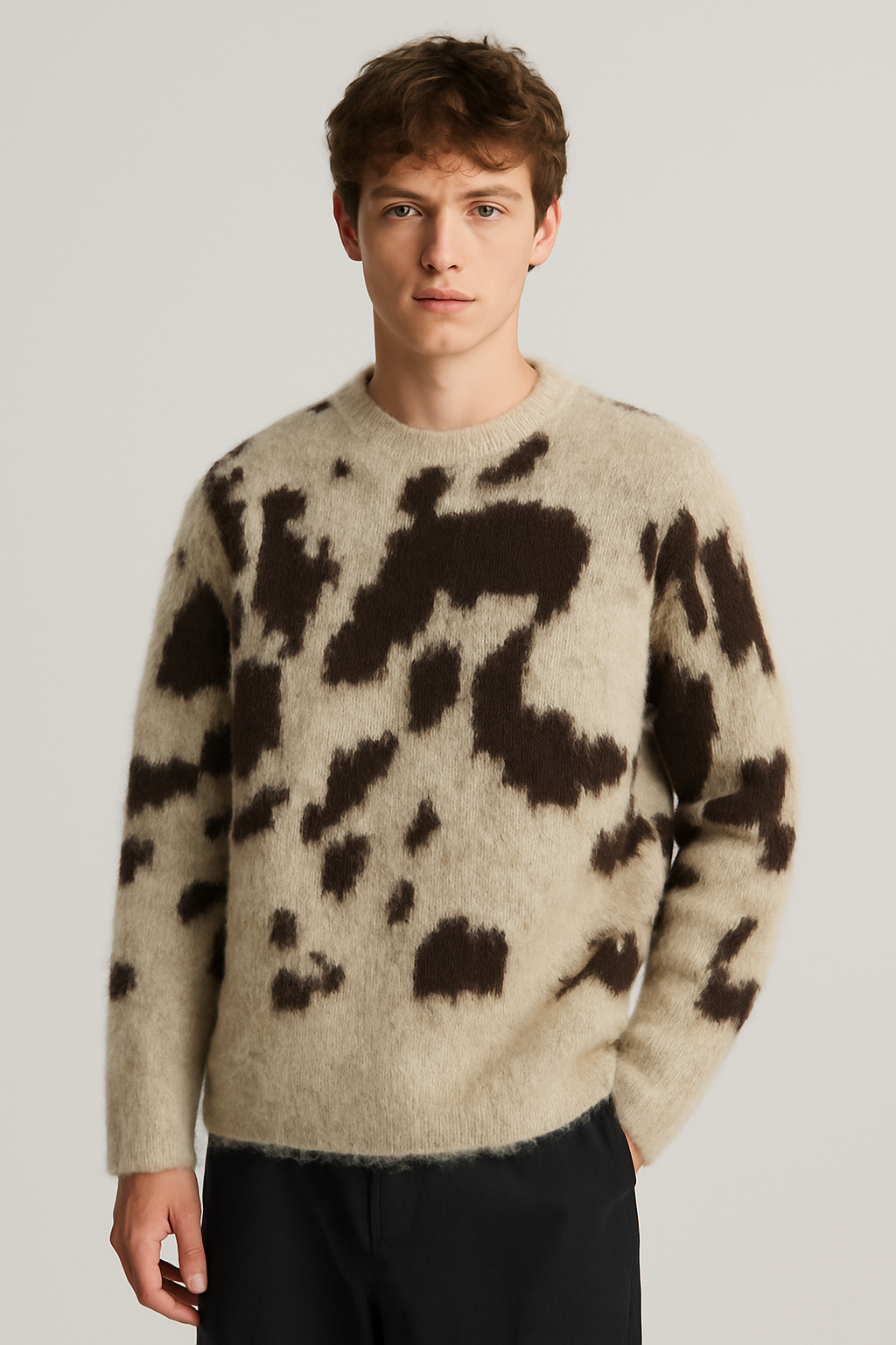 Cozy Mohair Knit Sweater – Beige & Brown Pattern