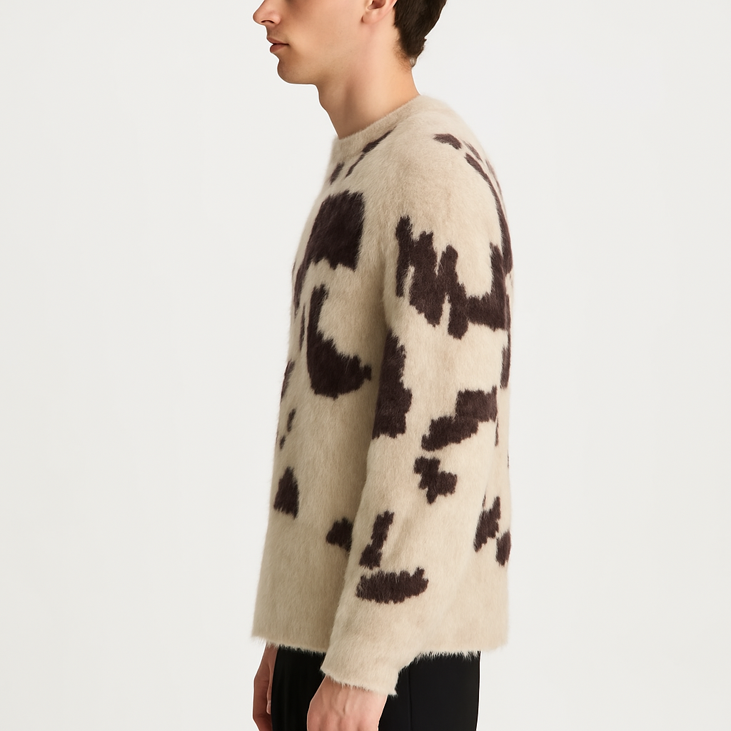 Cozy Mohair Knit Sweater – Beige & Brown Pattern