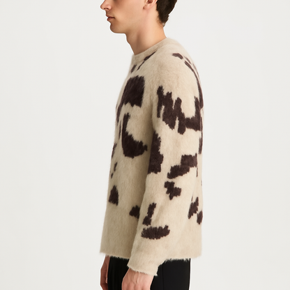 Cozy Mohair Knit Sweater – Beige & Brown Pattern